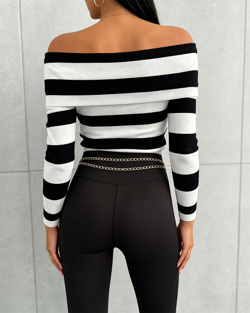 Women's Foldover Off Shoulder Striped Pullover Long Sleeve Slim Fit Knit Top - Image 2