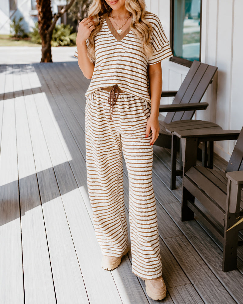 Women's 2 Piece Striped Lounge Set V Neck Short Sleeve Top and Wide Leg Pants Set - Image 4