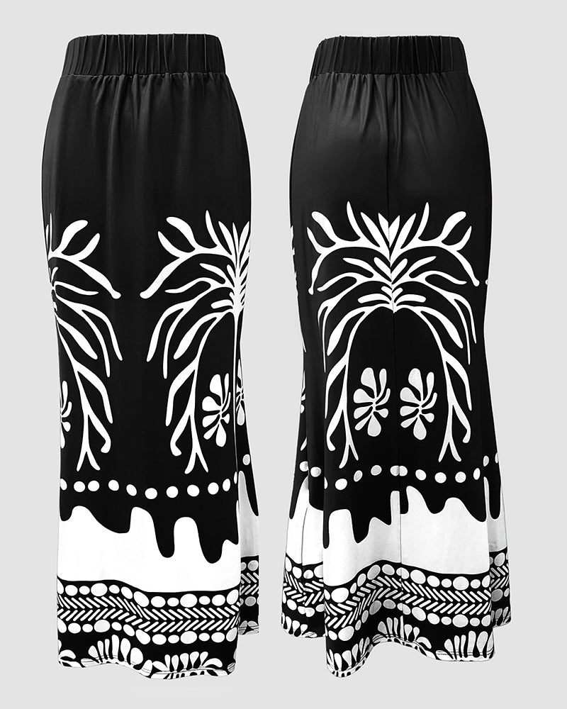 2 Pieces Outfit Skew Neck Lantern Sleeve Loose Fit Top and High Waist Elastic Waist Fishtail Maxi Skirt Set Casual Tropical Print Vacation Set - Image 14