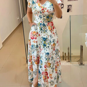 Floral Print V Neck Puff Sleeve Maxi Dress A-Line Flowy Casual Dress With Pockets