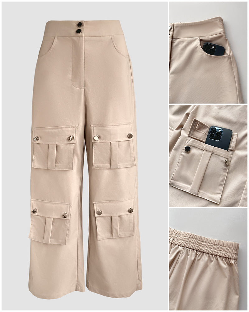 High Waist Zipper Fly Multiple Flap Pockets Design Utility Pants Casual Elastic Back Waist Wide Leg Cargo Pants - Image 6