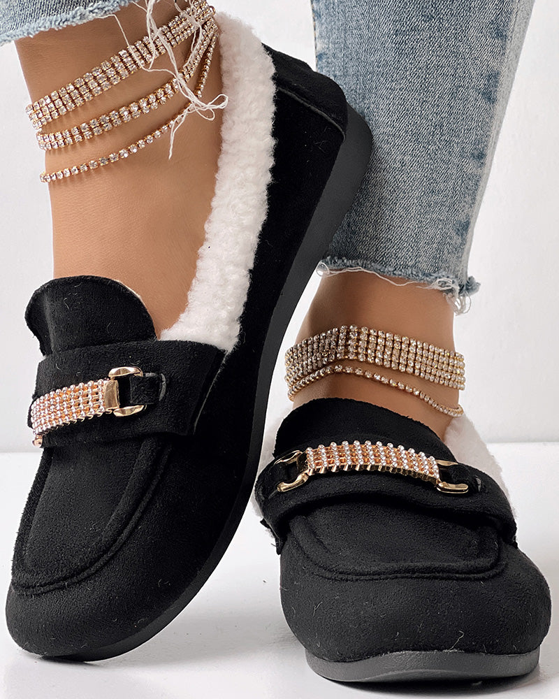 Rhinestone Chain Decor Thermal Lined Faux Shearling Trim Casual Flat Slip-On Loafers without Anklet Bracelet - Image 4