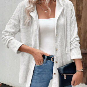 Long Sleeve Knit Ribbed Spliced Button Front Drawstring Hoodie Jacket Casual Drop Shoulder Pocket Design Asymmetrical Hem Coat