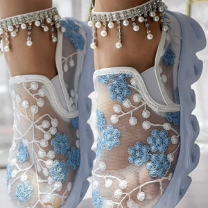 Floral Pattern Sheer Mesh Patch Round Toe Sneakers