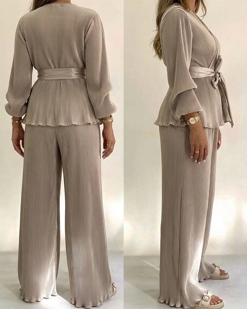 2 Pieces Outfit Overlap V-Neck Lantern Sleeve Tie Waist Ruffle Hem Top and Elastic Waist Wide Leg Pants Set Vintage Frill Hem Satin Pleated Commuting Set - Image 2