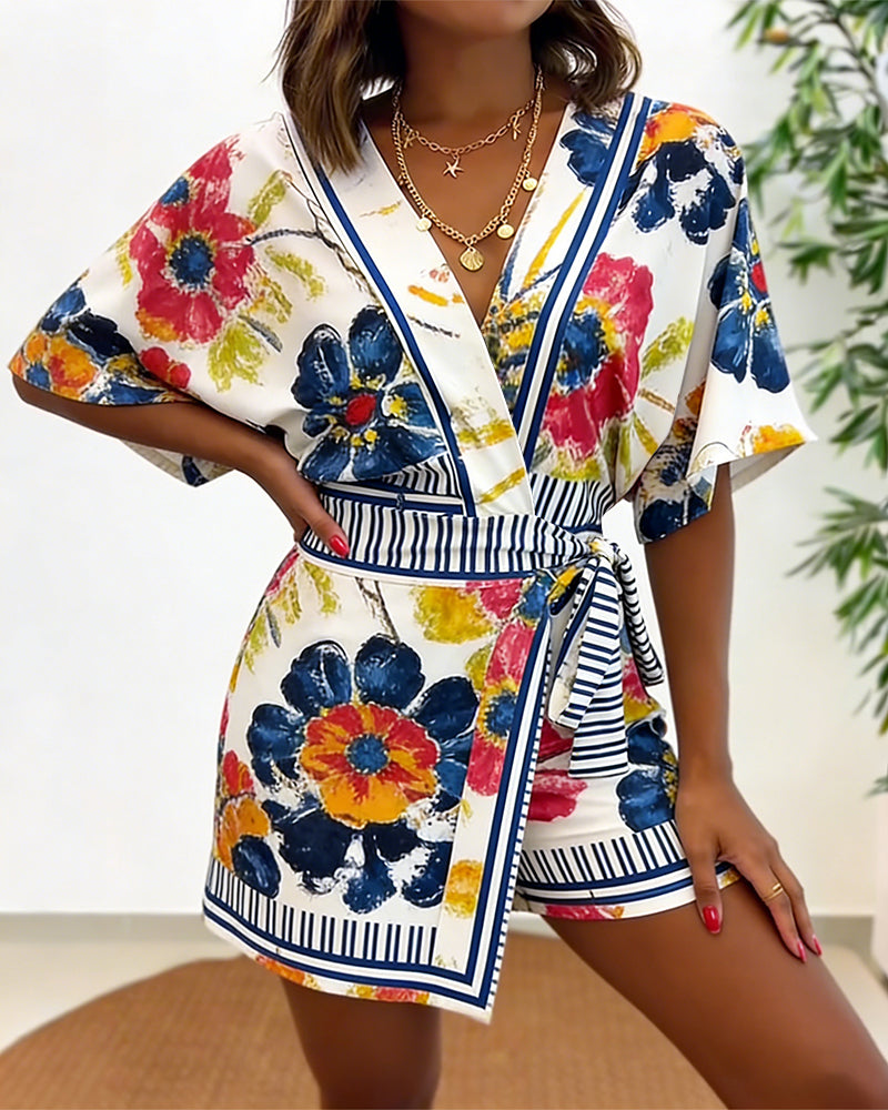 Women's Oil Painting Floral Print Romper V Neck Wrap Knot Side Jumpsuit Half Sleeve Beach Vacation Summer Skorts Romper - Image 3