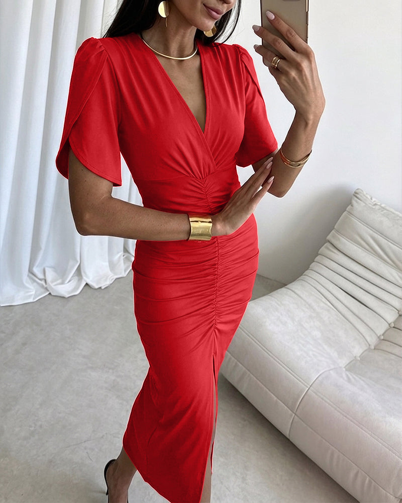 Women's Ruched V Neck Midi Dress Petal Short Sleeve Slit Party Gown Elegant Evening Dress - Image 4