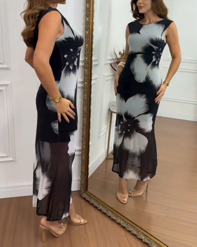 Women's Floral Print Mesh Mermaid Dress Backless Side Slit Bodycon Maxi Dress Elegant Wedding Guest Party Gown - Image 3