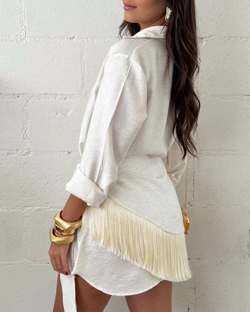 Women's 2 Piece Outfits Fringe Wrap Shirt Set Long Sleeve Button Down Blouse and Tied Tassel Panel Matching Set - Image 2