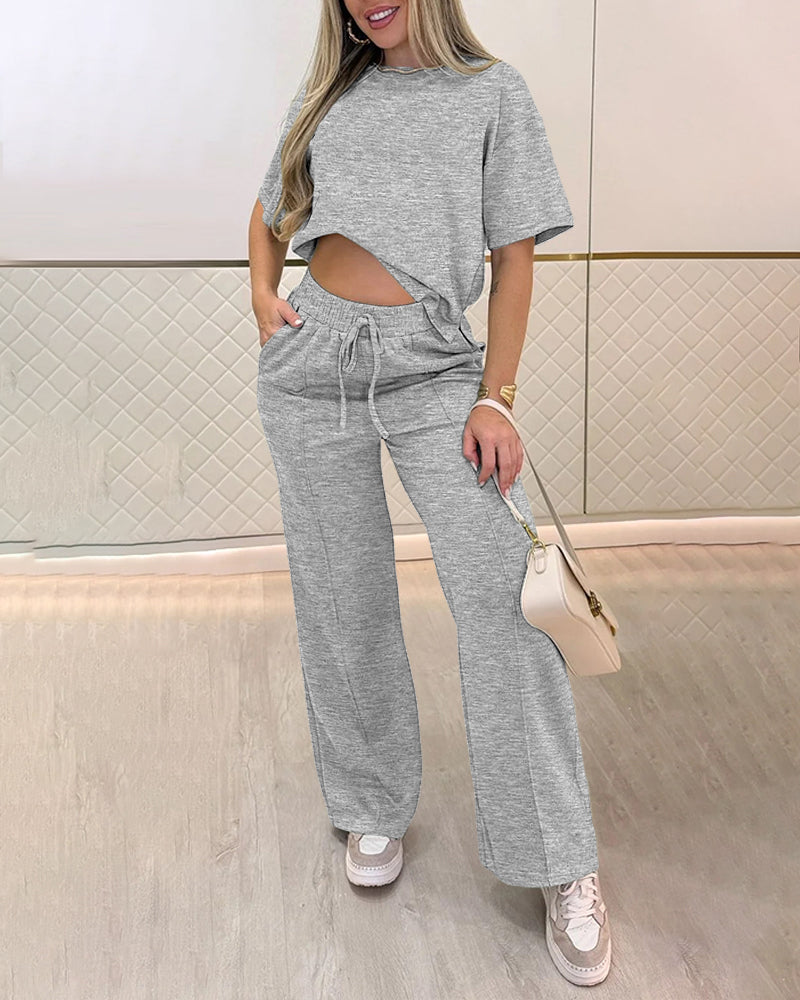 2 Pieces Outfit O-neck Short Sleeve Side Slit Top and Casual Drawstring Elastic Waist Seam Front Wide Leg Pants Set - Image 5