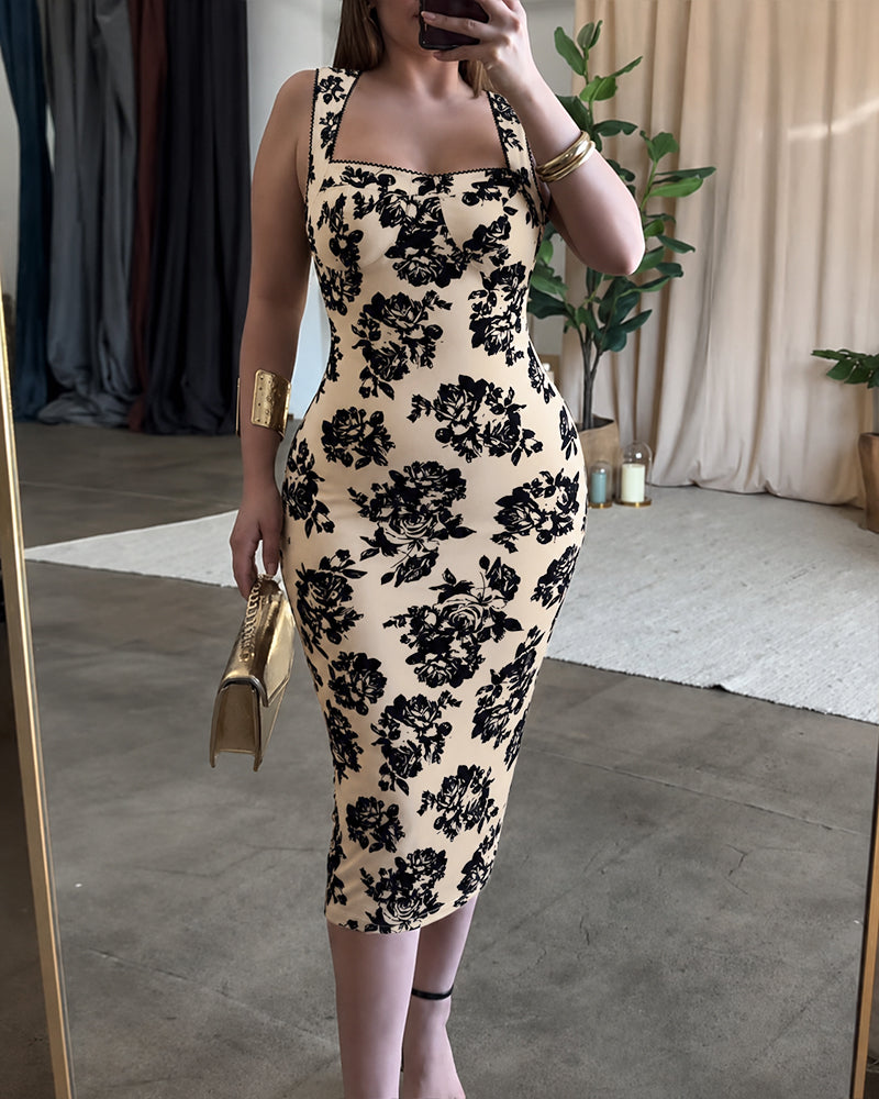 Women's Vintage Flocking Rose Midi Dress Square Neck Sleeveless Bodycon Dress Elegant Club Party Gown - Image 5