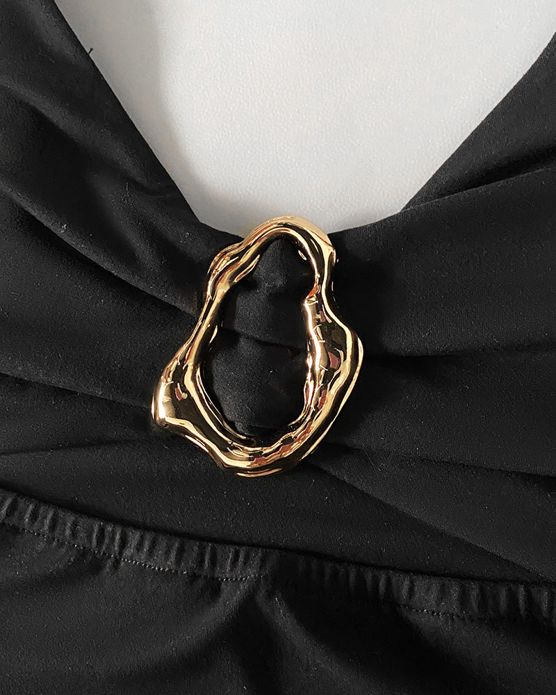 Metal Ring Decor V-Neck Adjustable Spaghetti Straps Bodycon Dress High Slit Hollow-out Evening Dress - Image 7