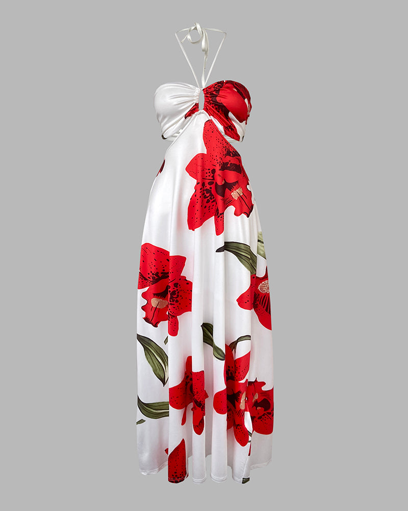 Floral Print Halter Sleeveless Hollow-out Front Cami Dress Casual Cutout Waist Maxi Dress - Image 3