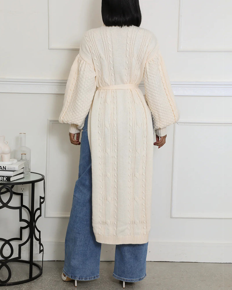 Cable Textured High Neck Lantern Sleeve Bow Tie Waist Sweater Casual High Slit Knit Longline Top - Image 16