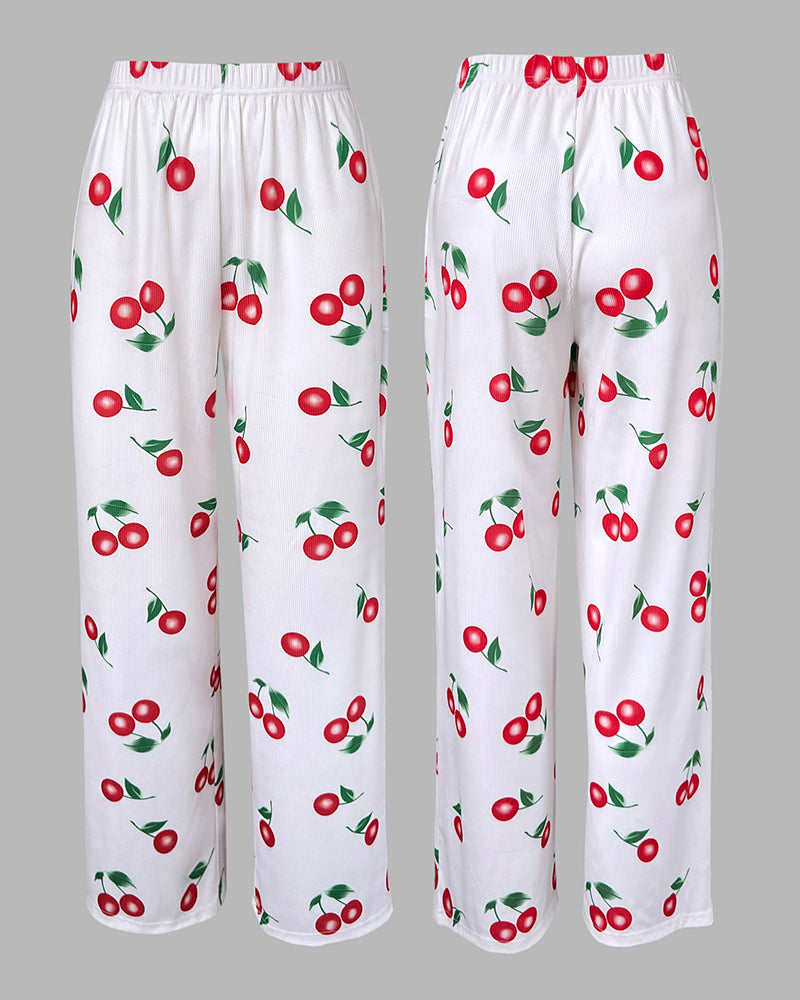 2 Pieces Outfit Letter & cherry Print Short Sleeve Frill Trim Top and Elastic Waist Pants Set Casual Ribbed Pajamas Set - Image 6