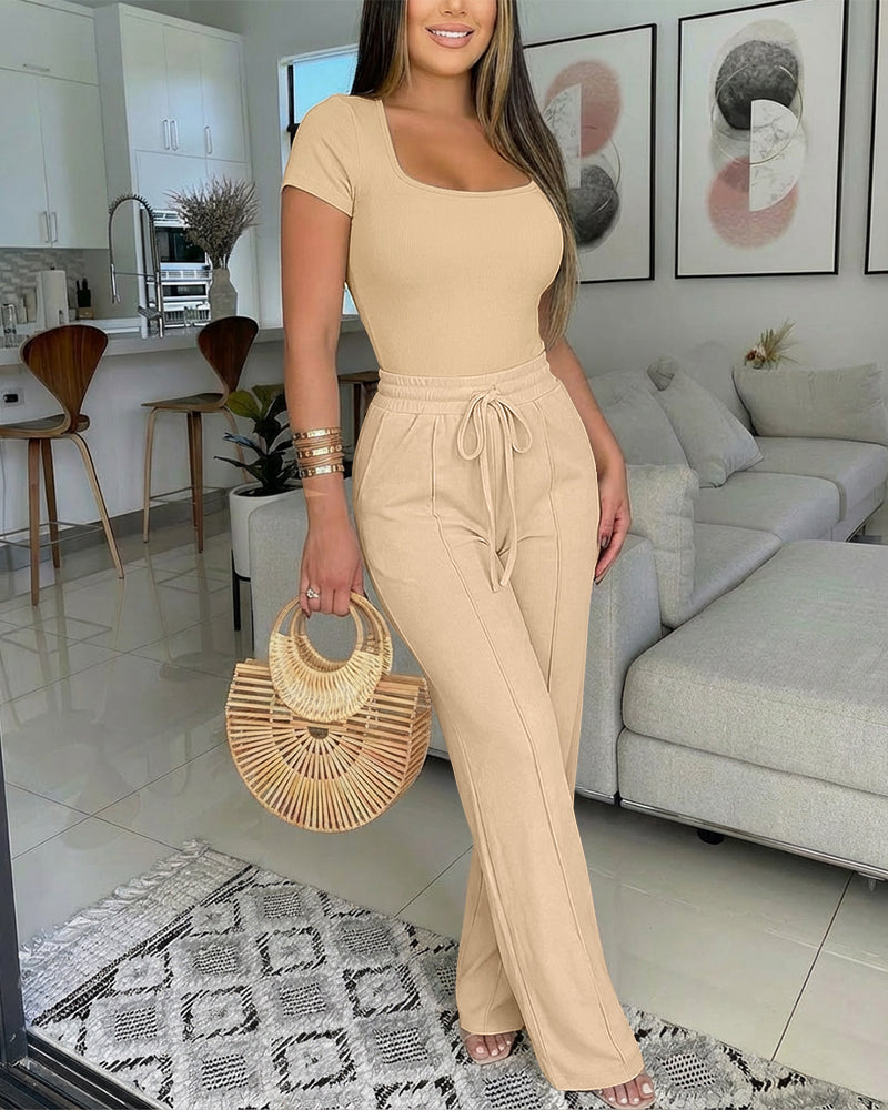2 Pieces Outfit U-Neck Short Sleeve Slim Fit Ribbed Bodysuit and Drawstring Elastic Waist Seam Front Pants Casual Versatile Set - Image 3