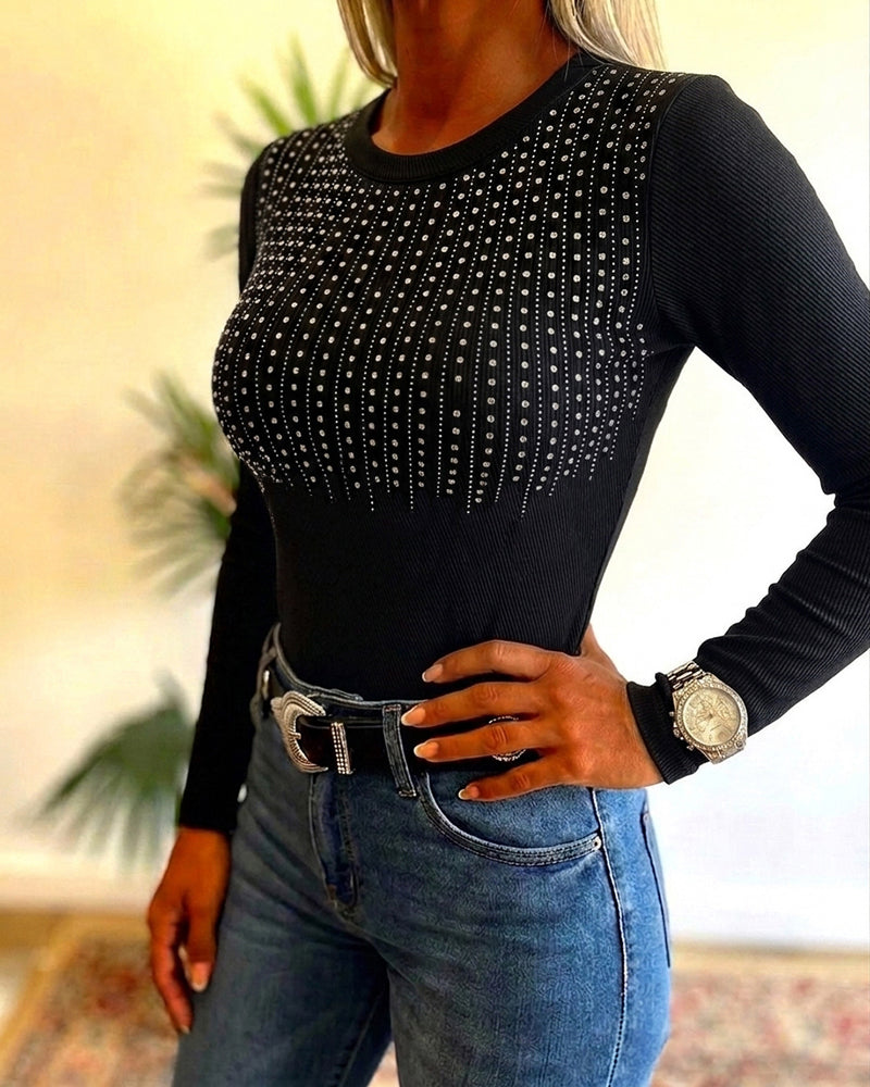 Women's Crewneck Rhinestone Ribbed Knit Top Slim Fit Long Sleeve Top - Image 3