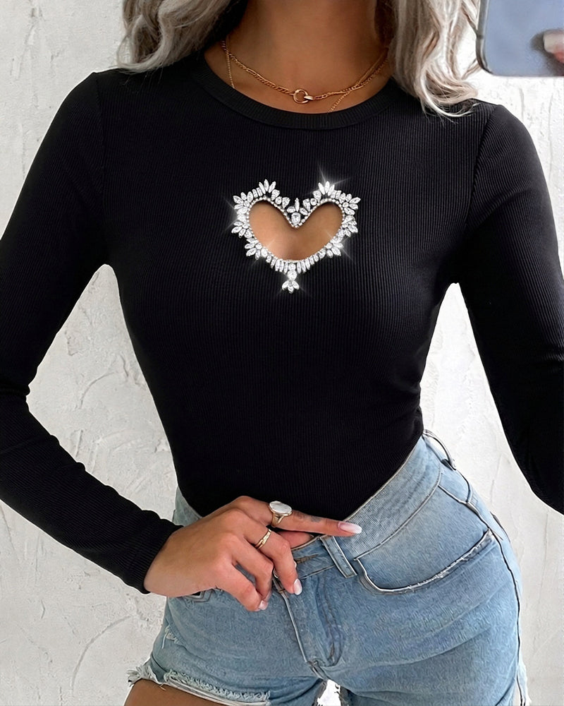 Women's Rhinestone Heart Hollow-out Long Sleeve Ribbed Knit Fitted Top - Image 5