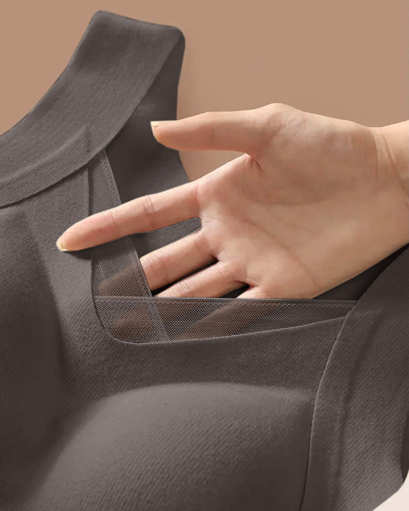 Sheer Mesh Spliced V Neck Sleeveless Built In Bra Tank Casual Warm Fleece Lined Slim Fit Top - Image 5