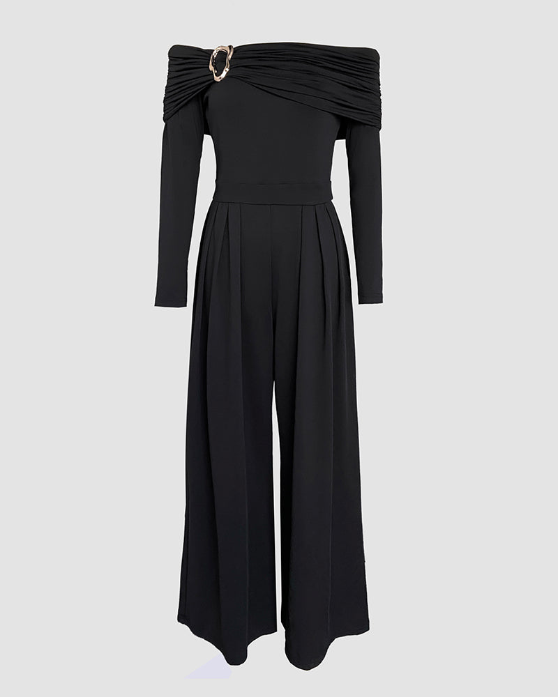 Metal Ring Decor Off Shoulder Ruched High Waist Jumpsuit Casual Cinched Waist Wide Leg Jumpsuit - Image 5