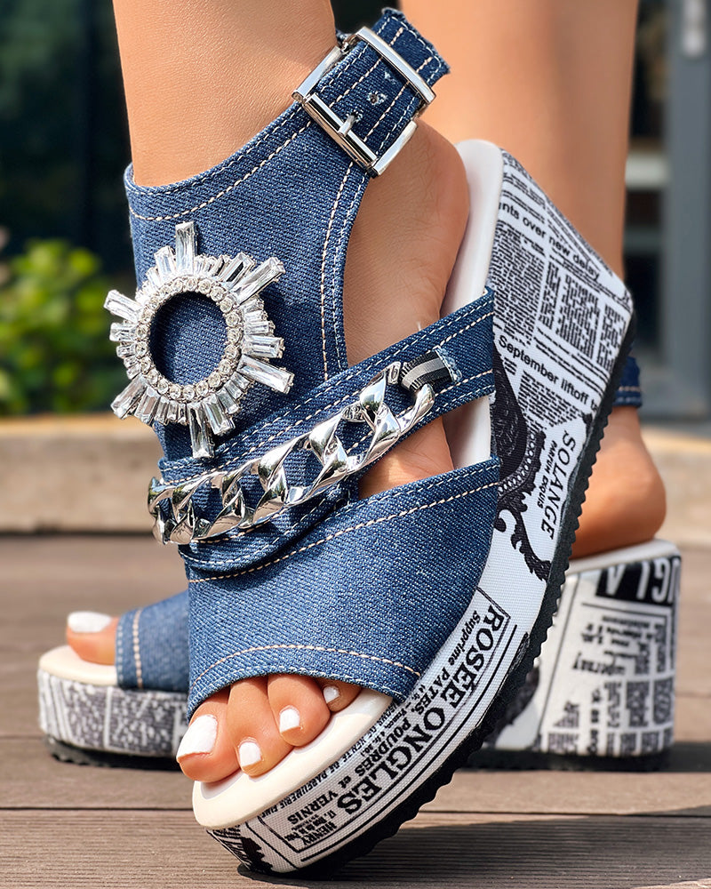 Newspaper Rhinestone Gear Pattern Slingback Platform Wedge Sandals - Image 10