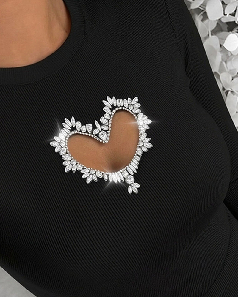 Women's Rhinestone Heart Hollow-out Long Sleeve Ribbed Knit Fitted Top - Image 4