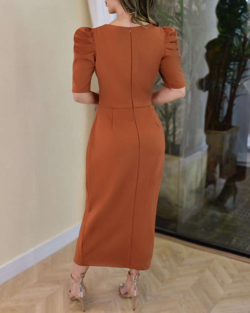3D Flower Decor Round Neck Puff Sleeve Bodycon Dress Casual Ruched Slit Zipper Back Work Dress - Image 25