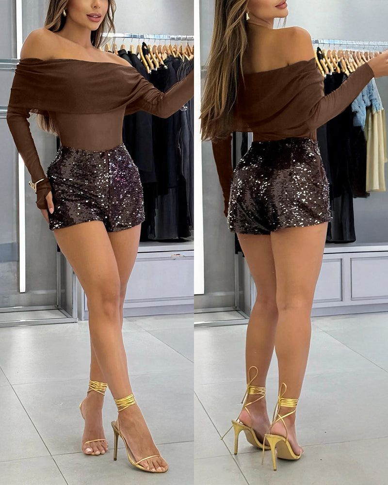 Foldover Off Shoulder Long Sleeve Mesh Top with Thumb Hole Cuffs - Image 7