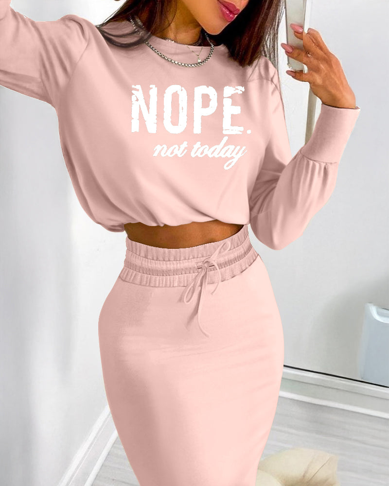 2 Pieces Outfit NOPE. not today Slogan Print Long Sleeve Stretchy Hem Crop Top and High Waist Drawstring Elastic Waist Slit Casual Skirt Set - Image 8