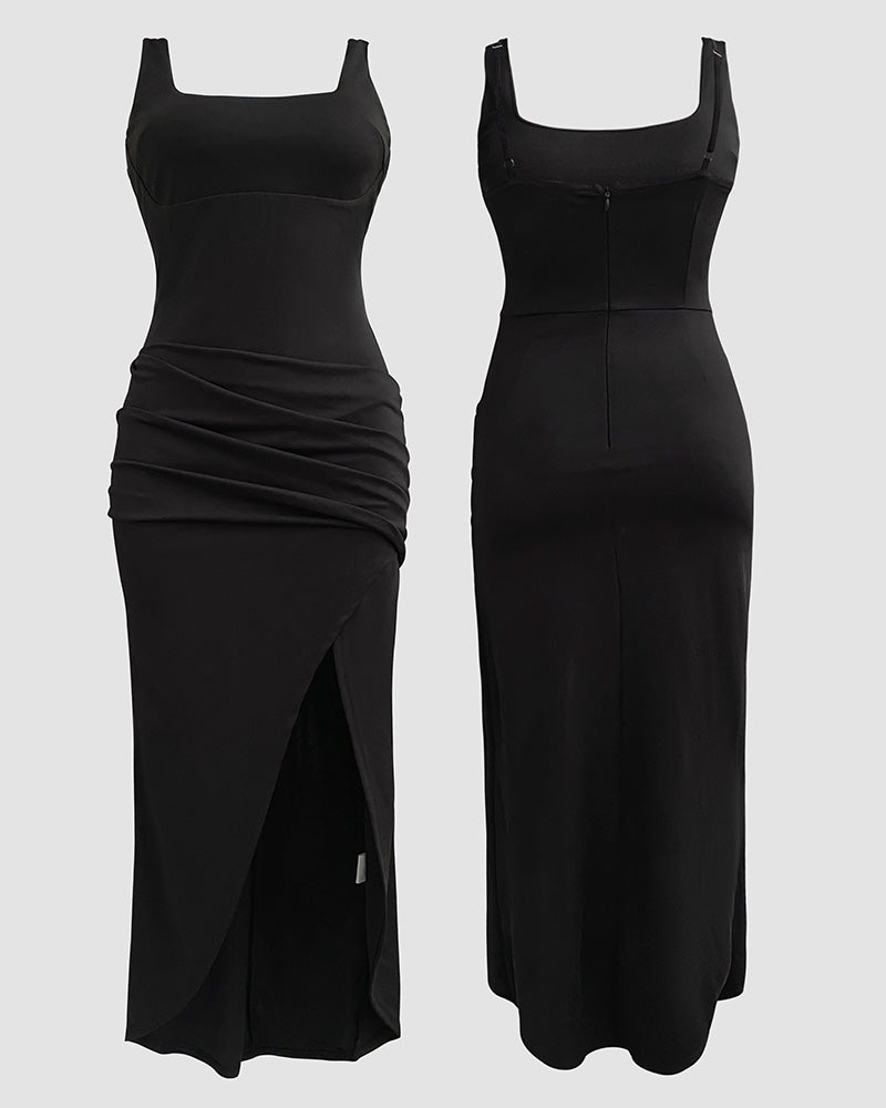 Sexy Square Neck Thick Strap Backless Slit Dress - Image 10