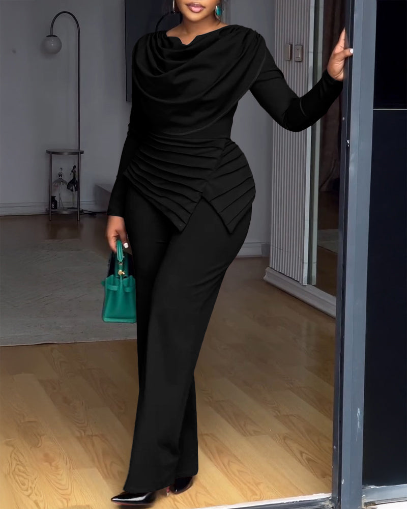 Cowl Neck Asymmetrical Textured Patchwork Cinched Waist Jumpsuit Casual Zipper Back Wide Leg Jumpsuit - Image 12