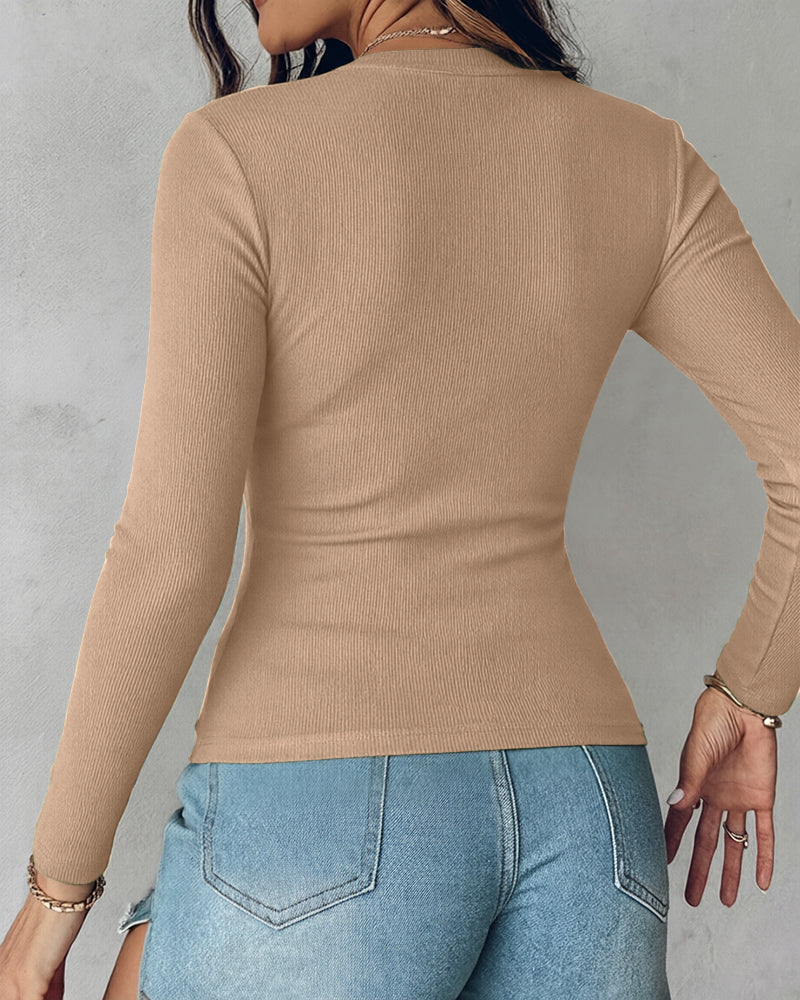 Women's V Neck Long Sleeve Ribbed Knit Top Slim Fit Base Layer Shirt Soft Stretchy Casual Tee with Built-in Bra - Image 30