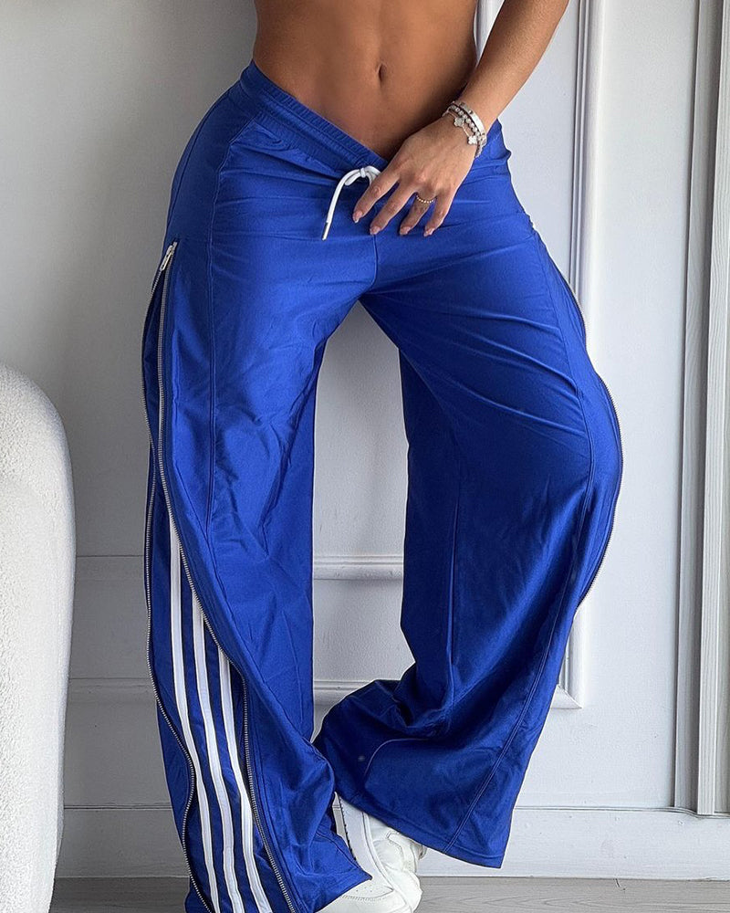 Contrast Side Striped & Zipper Slit Side Drawstring Elastic Waist Trousers Casual Wide Leg Pants - Image 3