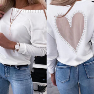 Pearls Decor Sheer Heart Pattern Mesh Spliced Tee Casual Drop Shoulder Long Sleeve Top