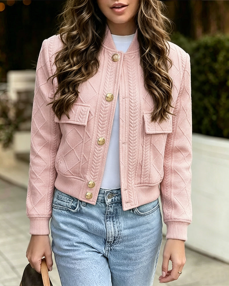 Women's Vintage Argyle Cable Knit Bomber Jacket Elegant Baseball Collar Button Down Cropped Coat with Flap Pockets - Image 8