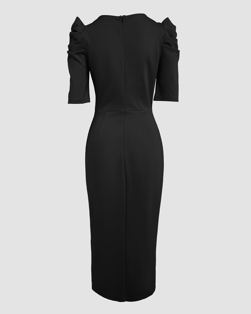 3D Flower Decor Round Neck Puff Sleeve Bodycon Dress Casual Ruched Slit Zipper Back Work Dress - Image 20