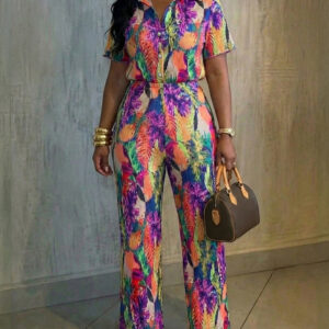 Women's Tropical Print Pleated Two-Piece Set Short Sleeve Button-Down Shirt and High-Waist Wide-Leg Pants Casual Vacation Outfit