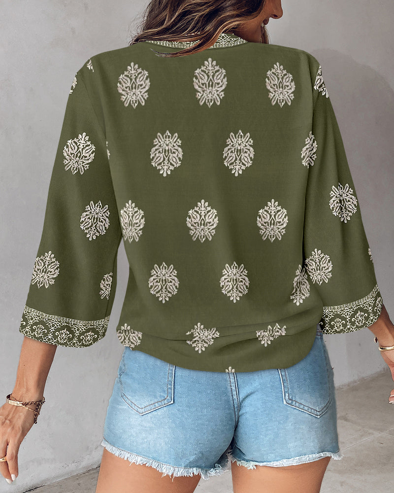 Floral Print V Neck Long Sleeve Blouse Casual Loose Fit Top - Image 2