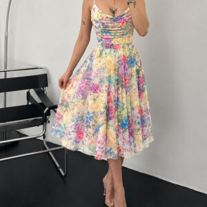 Women's Oil Painting Floral Mesh Midi Dress Sexy Cowl Neck Cami Dress High Waisted Ruched Backless A Line Sundress