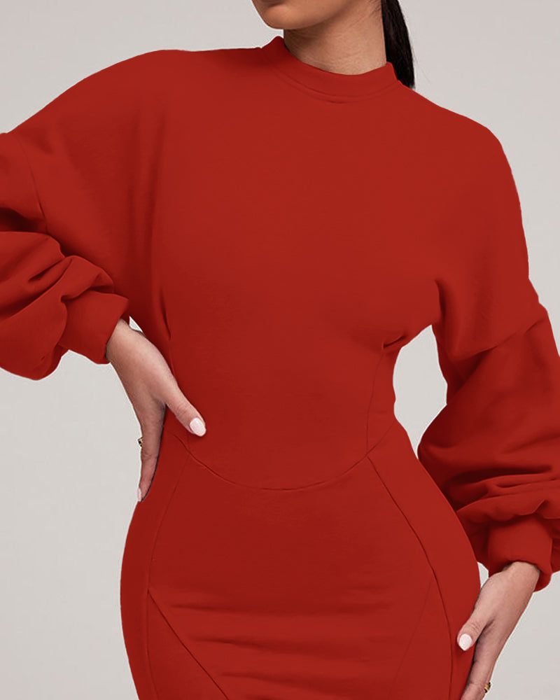Lantern Sleeve Bodycon Pullover Sweatshirt Dress Crew Neck Mini Dress - Image 10