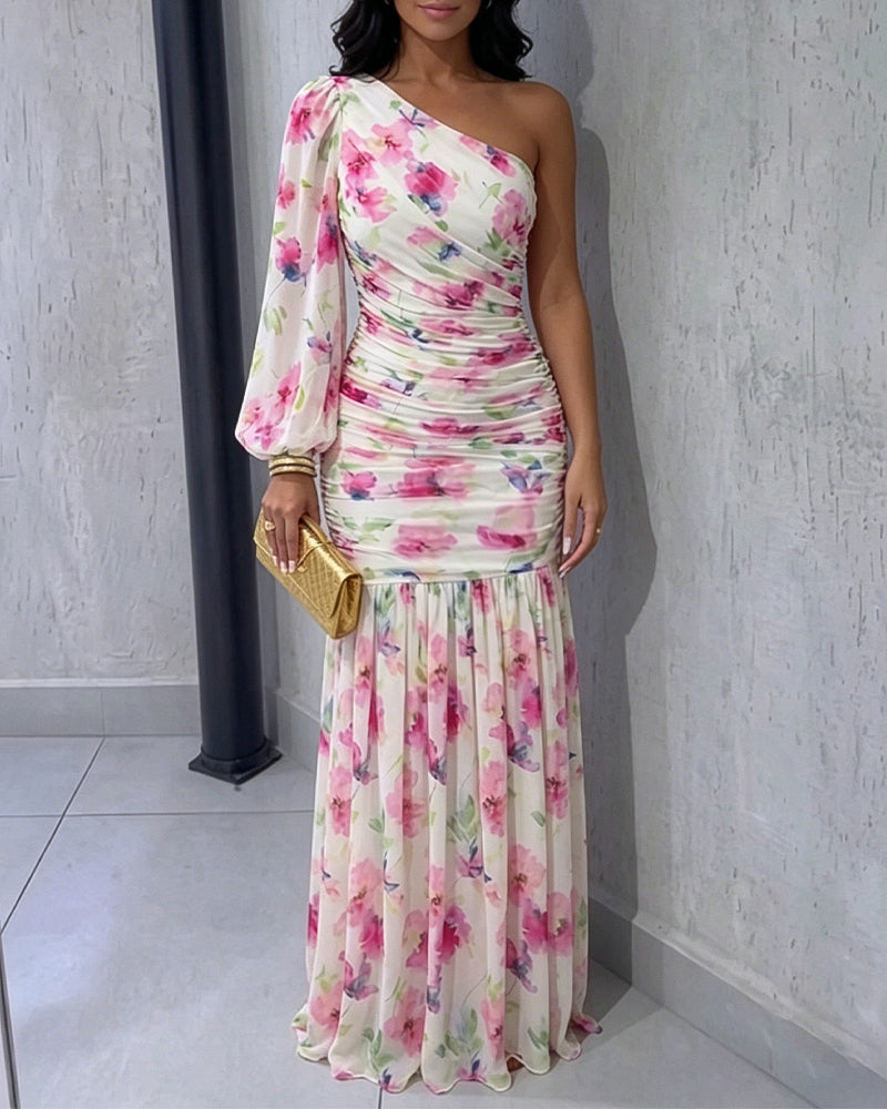 Women's Floral One Shoulder Evening Dress Elegant Lantern Sleeve Ruched Maxi Gown Casual Sheer Mesh Mermaid Dress - Image 8