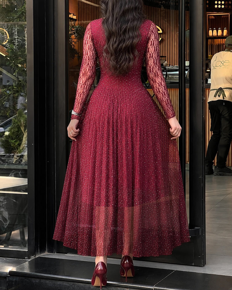 Women's Rhinestone Lace Long Sleeve Maxi Dress Crew Neck Textured A-Line Evening Gown - Image 2