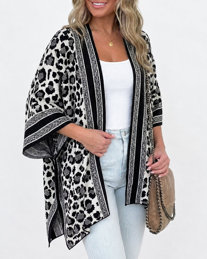 Women's Leopard Print Poncho Cardigan Contrast Striped Trim Open Front Loose Fit Batwing Sleeve Knit Cape Shawl - Image 5