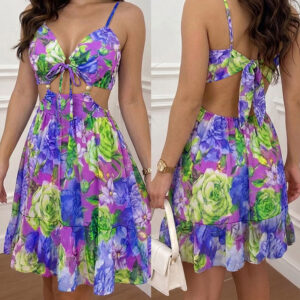 Women's Floral Print Sweetheart Neck Vacation Dress Sexy Cutout Backless A-Line Sundress Casual Tied Detail Cami Dress