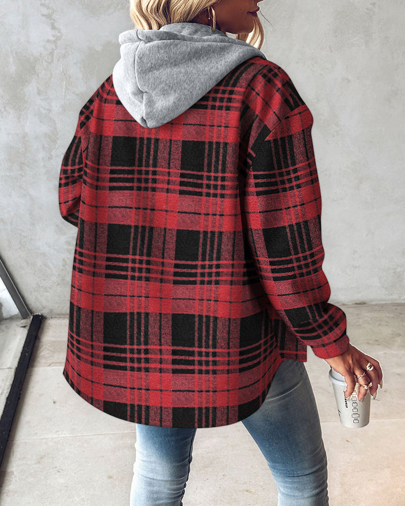 Plaid Print Button Front Pocket Design Drawstring Hoodie Jacket Casual Asymmetrical Hem Thermal Lined Warm Coat - Image 2