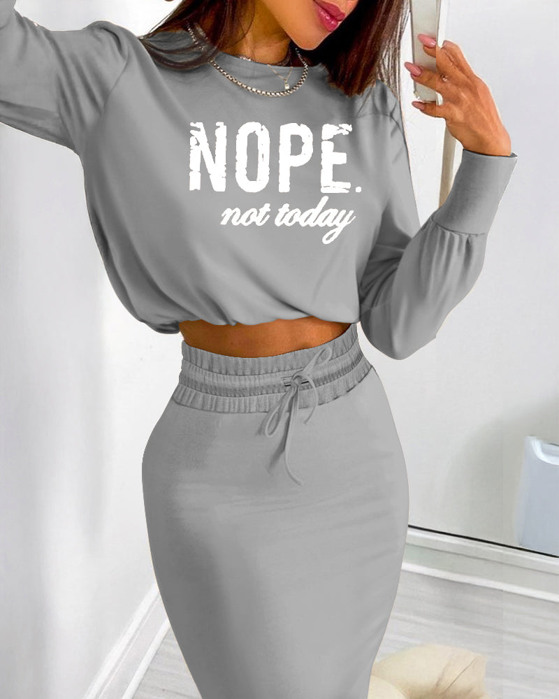 2 Pieces Outfit NOPE. not today Slogan Print Long Sleeve Stretchy Hem Crop Top and High Waist Drawstring Elastic Waist Slit Casual Skirt Set - Image 13