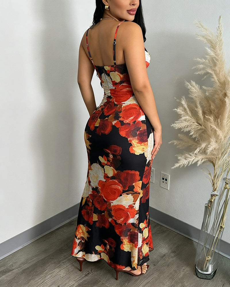 Women's Floral Print Mesh Dress Ruffle Hem High Slit Mermaid Cami Dress Sexy Sleeveless Bodycon Party Dress - Image 5