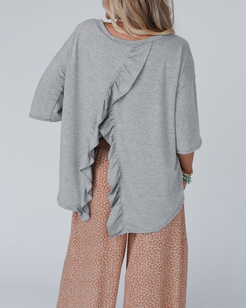Women's Crewneck Drop Shoulder T-Shirt Back Ruffle Slit Half Sleeve Loose Casual Top - Image 6