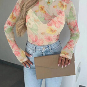 Women's French Style Watercolor Floral Print Mesh Top Long Sleeve Sheer Blouse See Through Slim Fit Tee with Thumbholes