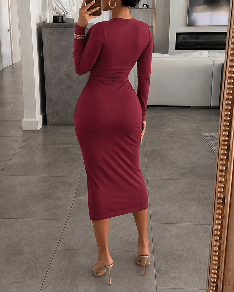 Women's Deep V Neck Long Sleeve Bodycon Dress Ruched Wrapped Slit Cocktail Dress - Image 2